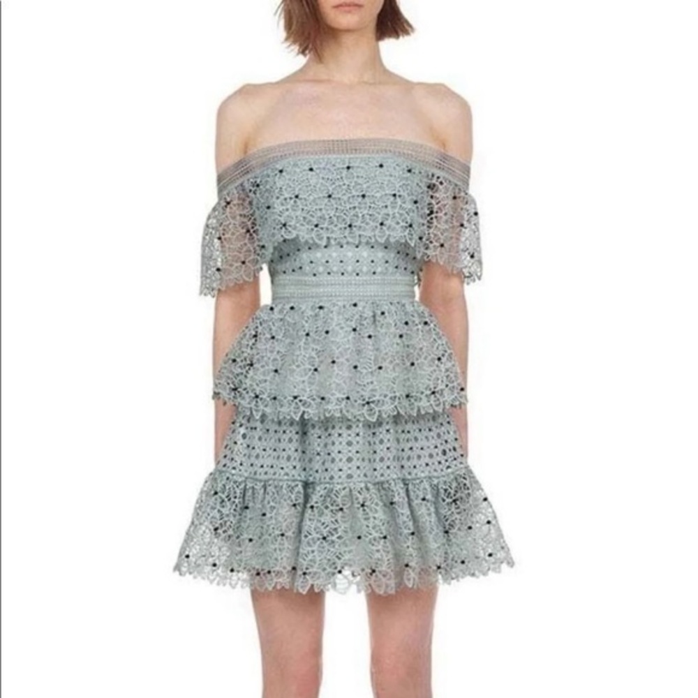 Self Portrait Blue Hibiscus Mini Off Shoulder Guipure Dress Size 6